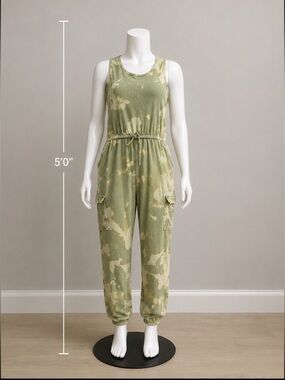 NWOT Tie-Dye Olive Green Cargo Jumpsuit with Drawstring Waist